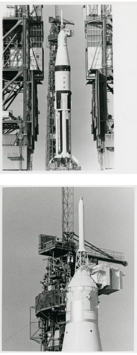 Overall view of the Saturn IB rocket at Pad 34 and close-up of the spacecraft and launch escape system