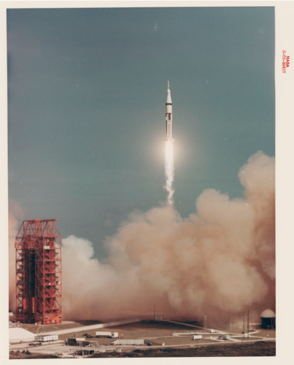 Liftoff of the Saturn IB rocket, the first manned space vehicle of the Apollo program