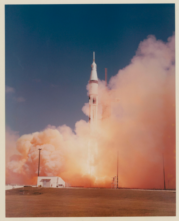 The first manned Apollo rocket heading to space