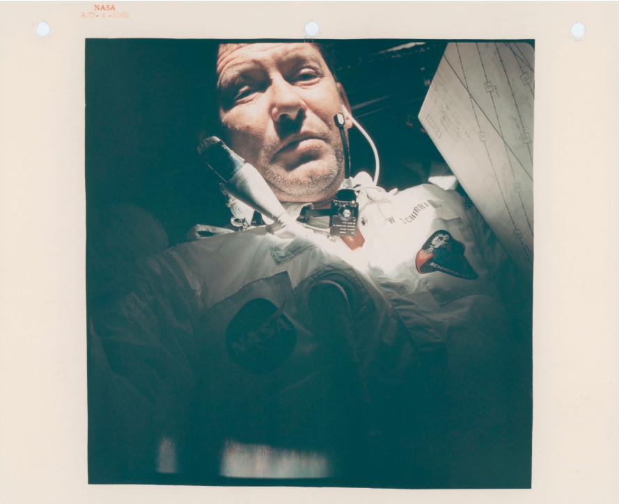 On-board portrait of Walter Schirra in weightlessness, October 11-22, 1968