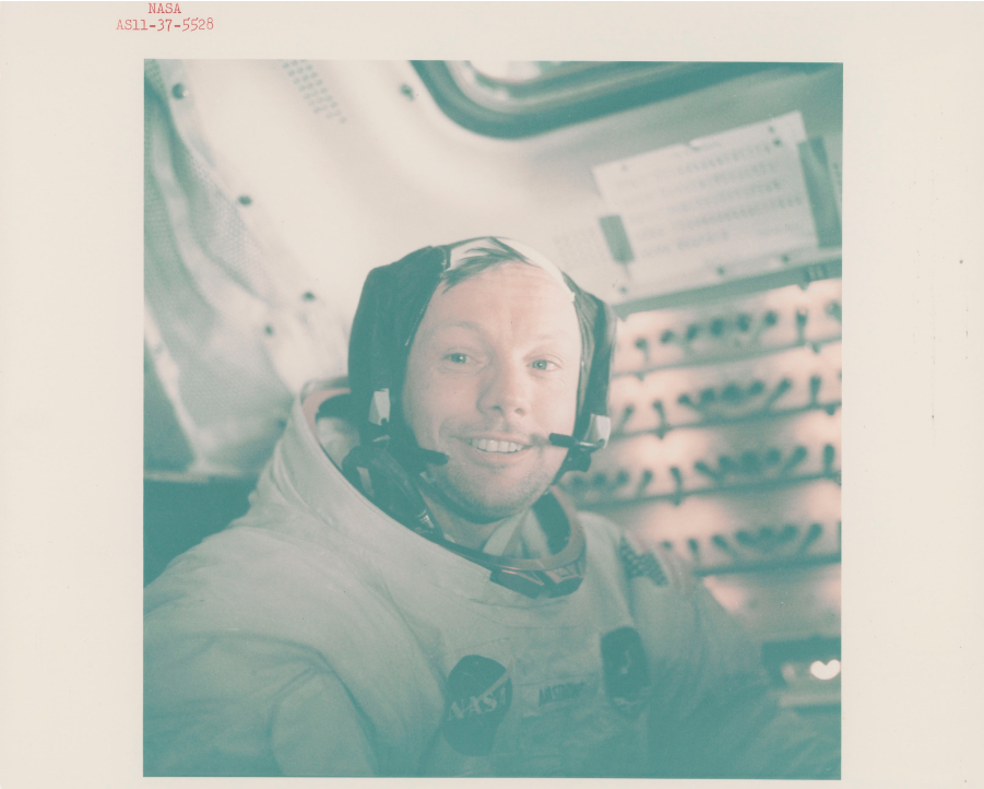 Portrait of Neil Armstrong back in the LM after the historic moonwalk, July 16-24, 1969