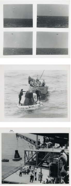 Splashdown in the Pacific Ocean and recovery of the Faith 7 spacecraft hosting Gordon Cooper on board USS Kearsarge