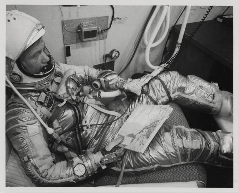 The first American in orbit on launch day: John Glenn prior to boarding Friendship 7 for the historic first US orbital mission