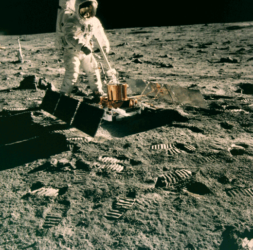 Close-up of Buzz Aldrin at the first scientific site on the Moon