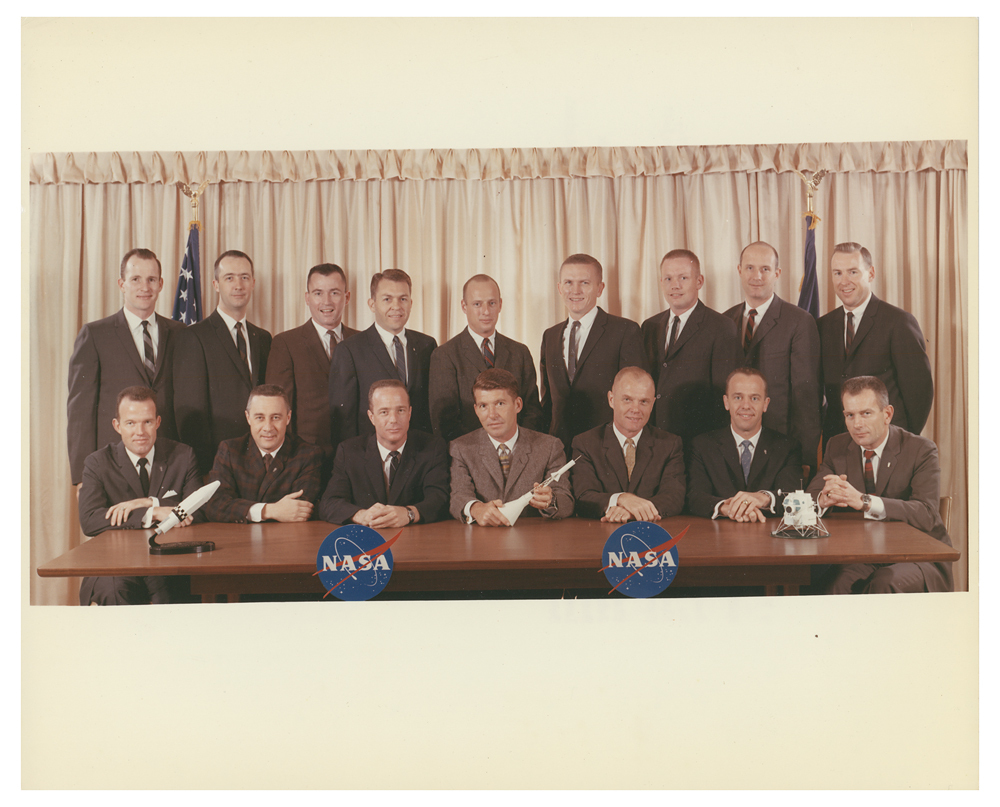 The New Nine astronauts (NASA Astronaut Group 2) posing with the Original Seven Mercury Astronauts